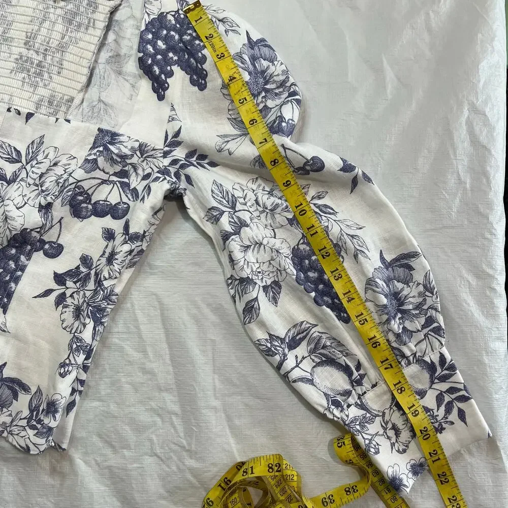 Reformation Stilton Linen Top Carla – Blue Floral Fruit Print – Size 8
